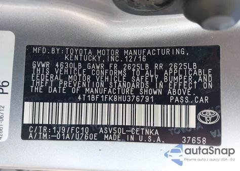 2017 Toyota Camry Le z USA, uszkodzony, nr VIN 4T1BF1FK8HU376791